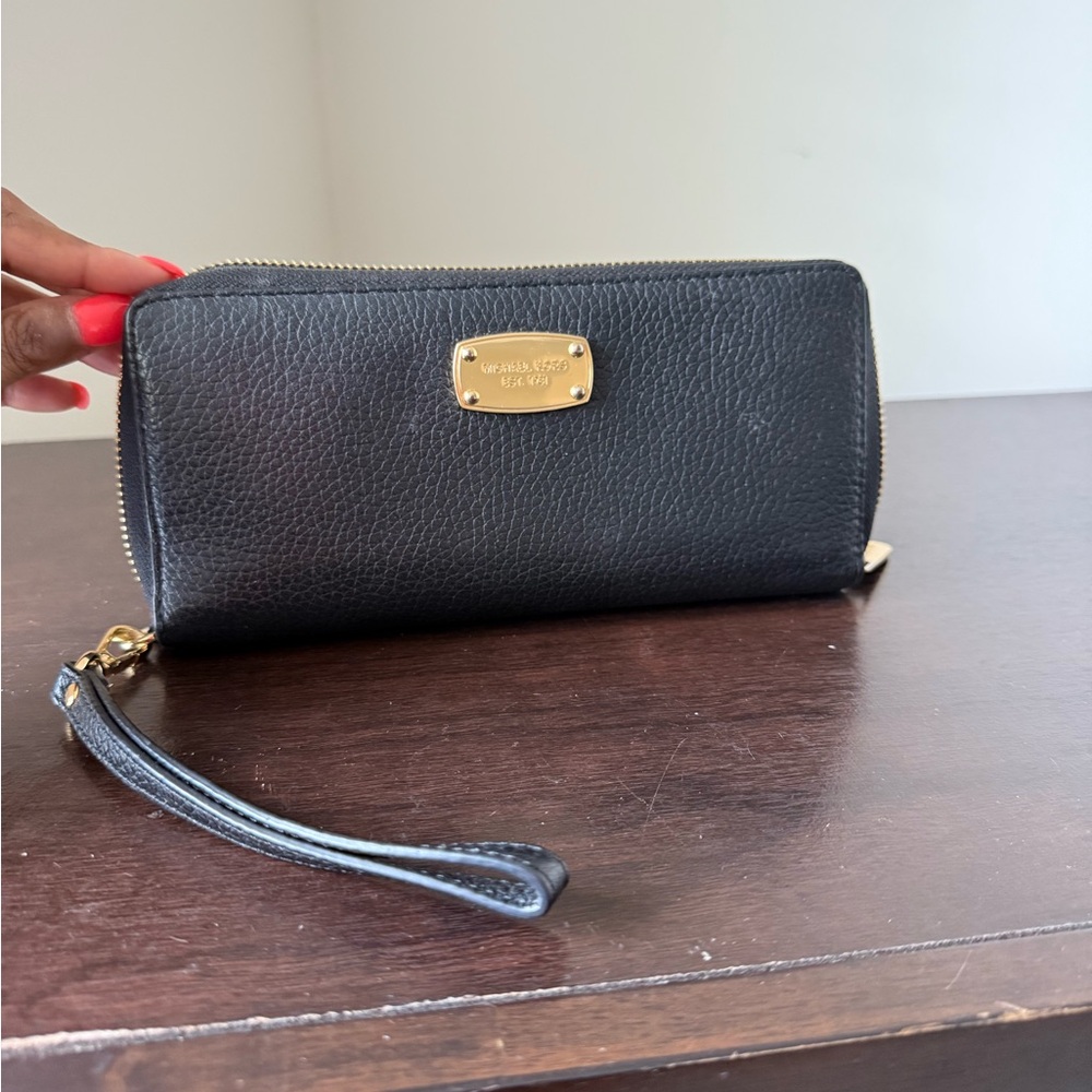 Michael Kors Black Leather Wristlet with Gold Accents